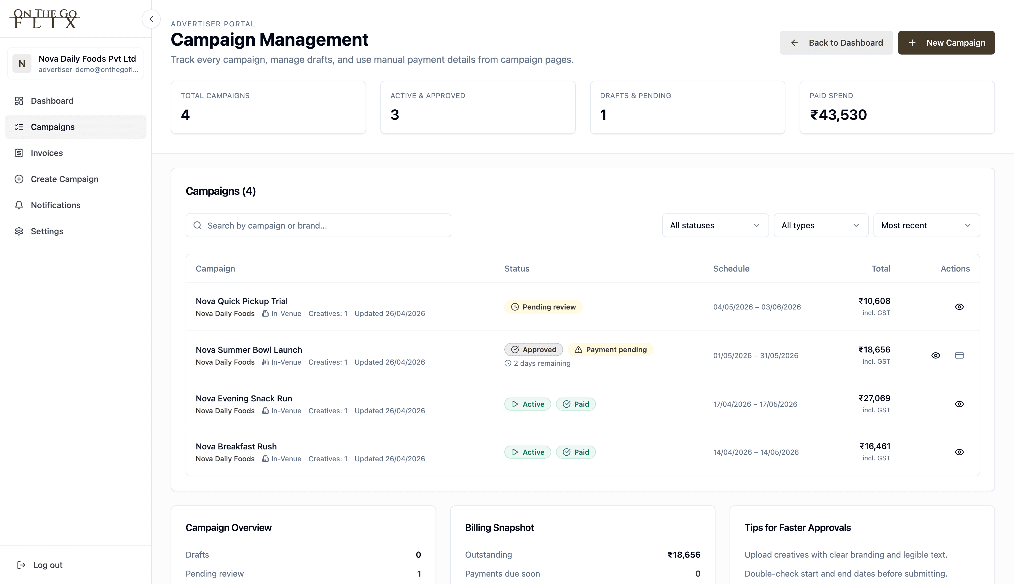 OnTheGoFlix campaign management interface used to organize advertising campaigns