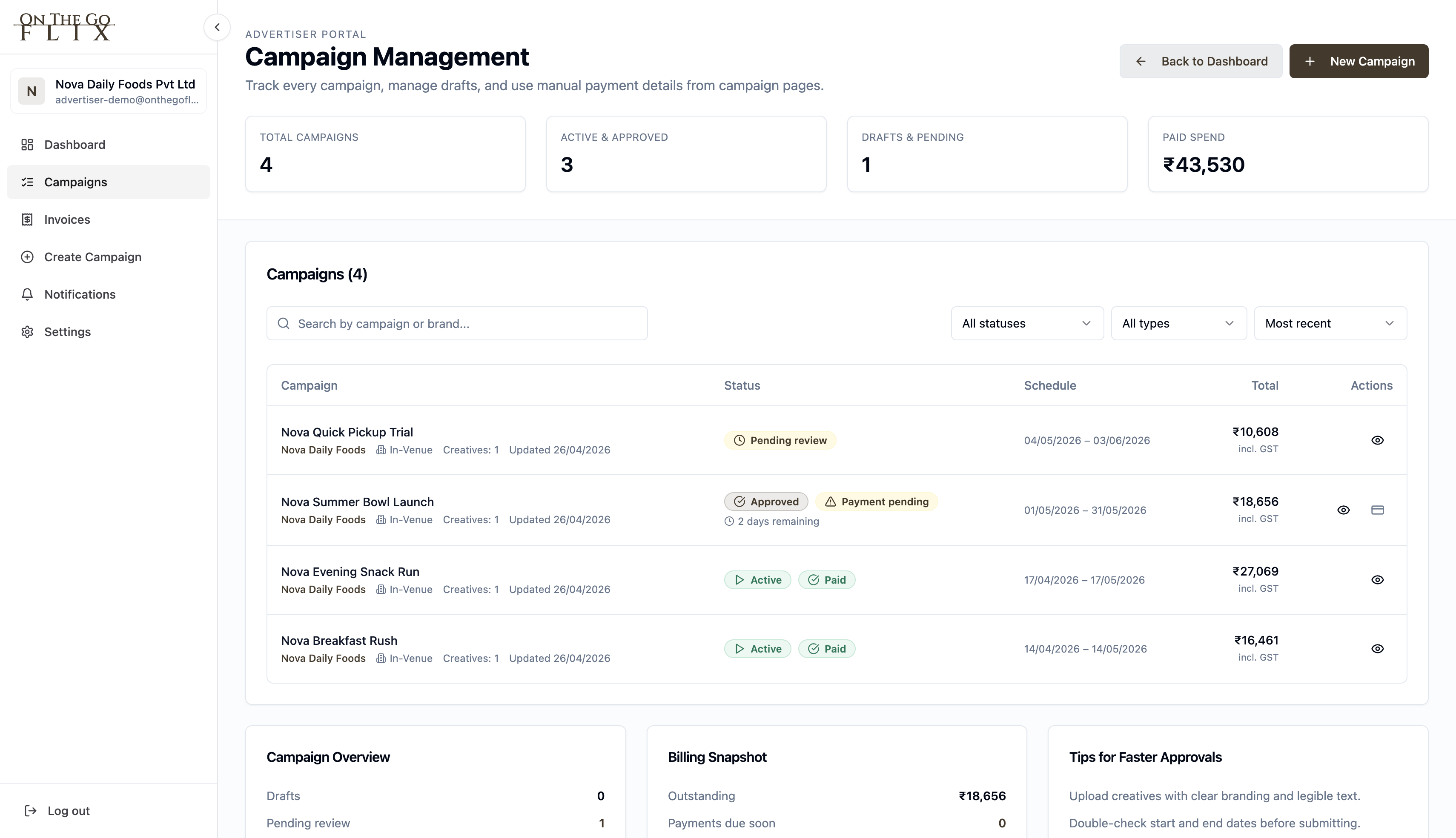 Advertiser portal campaign management table with campaign statuses and billing totals
